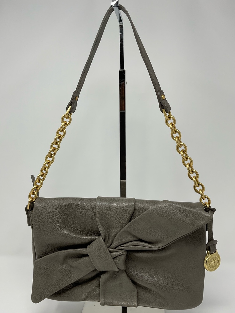 Vintage Brahmin Gray Bow-Front Shoulder Bag with Gold Tone Chain